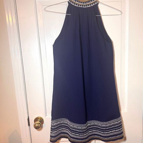 Anthropologie THML Chana Embroidered Dress, XSP, Navy Shift Tunic Lined V-Neck - Picture 3 of 8